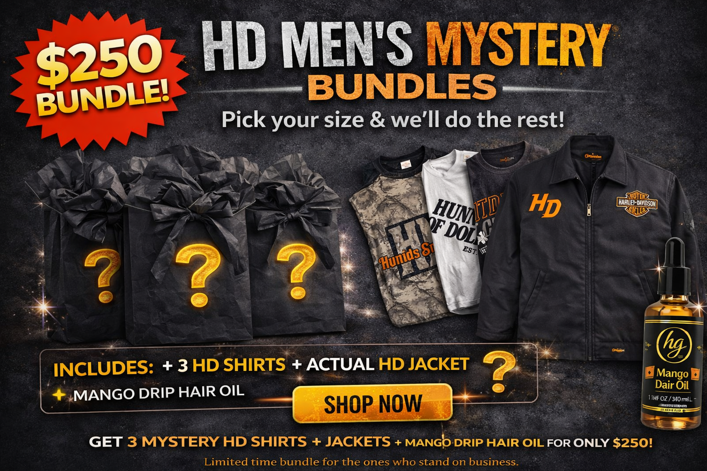 $250 Mystery box a jacket, two T-shirts sweats, and Mango Drip ( hair)