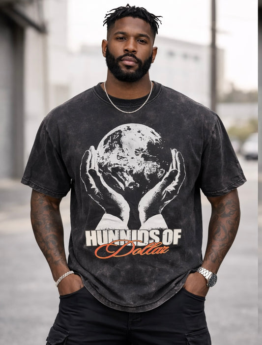 “The World Is Yours” Acid Wash Graphic Te black and orange